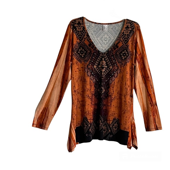 Burnt Pumpkin Boho Long Sleeve V-Neck Rhinestone Embellished Brand New Tunic NWT - Picture 3 of 16